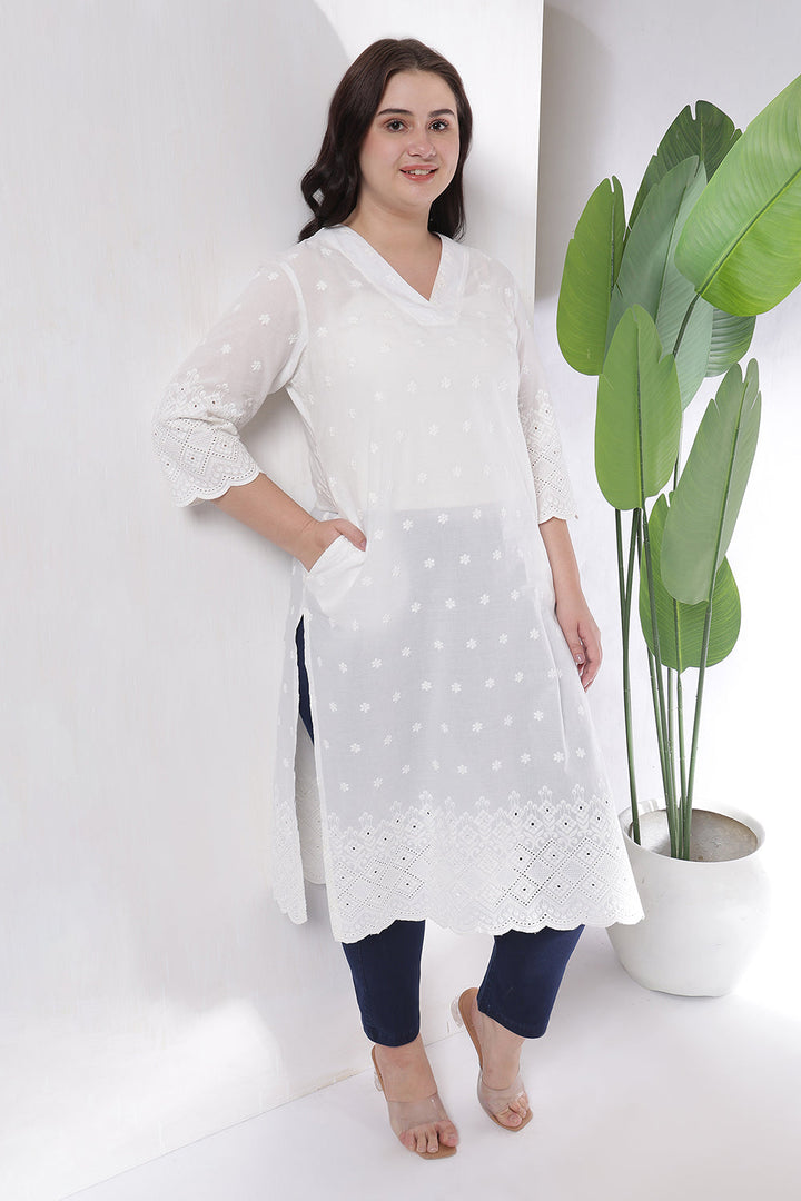 Plus Size White Cotton Eyelet V Neck Kurta For Women | Made to Order