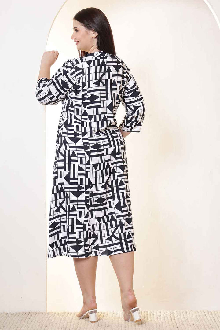 Plus Size Black & White Geometric Print Cotton Midi Dress  | Made to Order