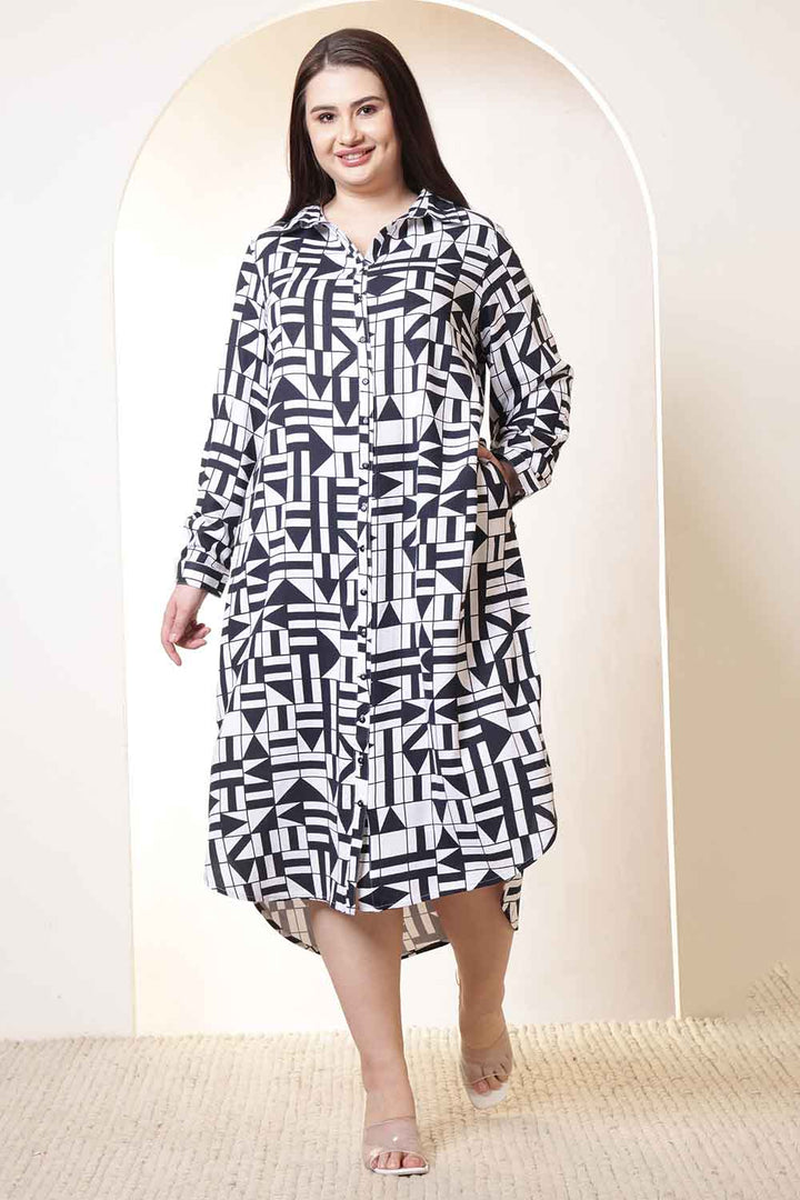 Plus Size Black & White Geometric Print Cotton Shirt Dress  | Made to Order