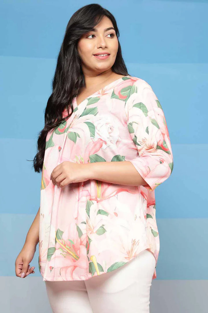 Plus Size Light Pink Floral Centre Pleat Top in Soft Blended Knitted fabric for Women | Made to Order