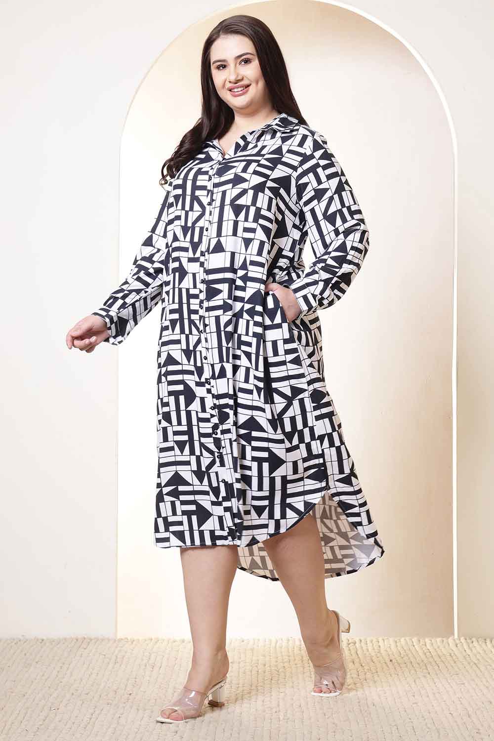 Plus Size Black & White Geometric Print Cotton Shirt Dress  | Made to Order