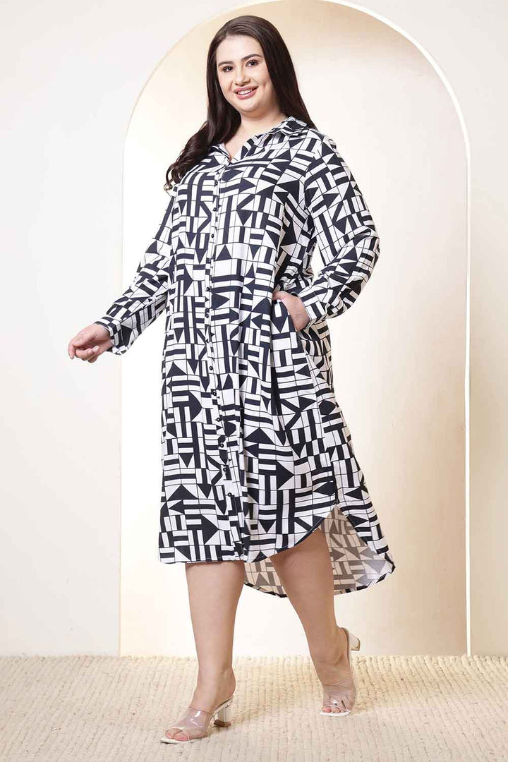 Plus Size Black & White Geometric Print Cotton Shirt Dress  | Made to Order