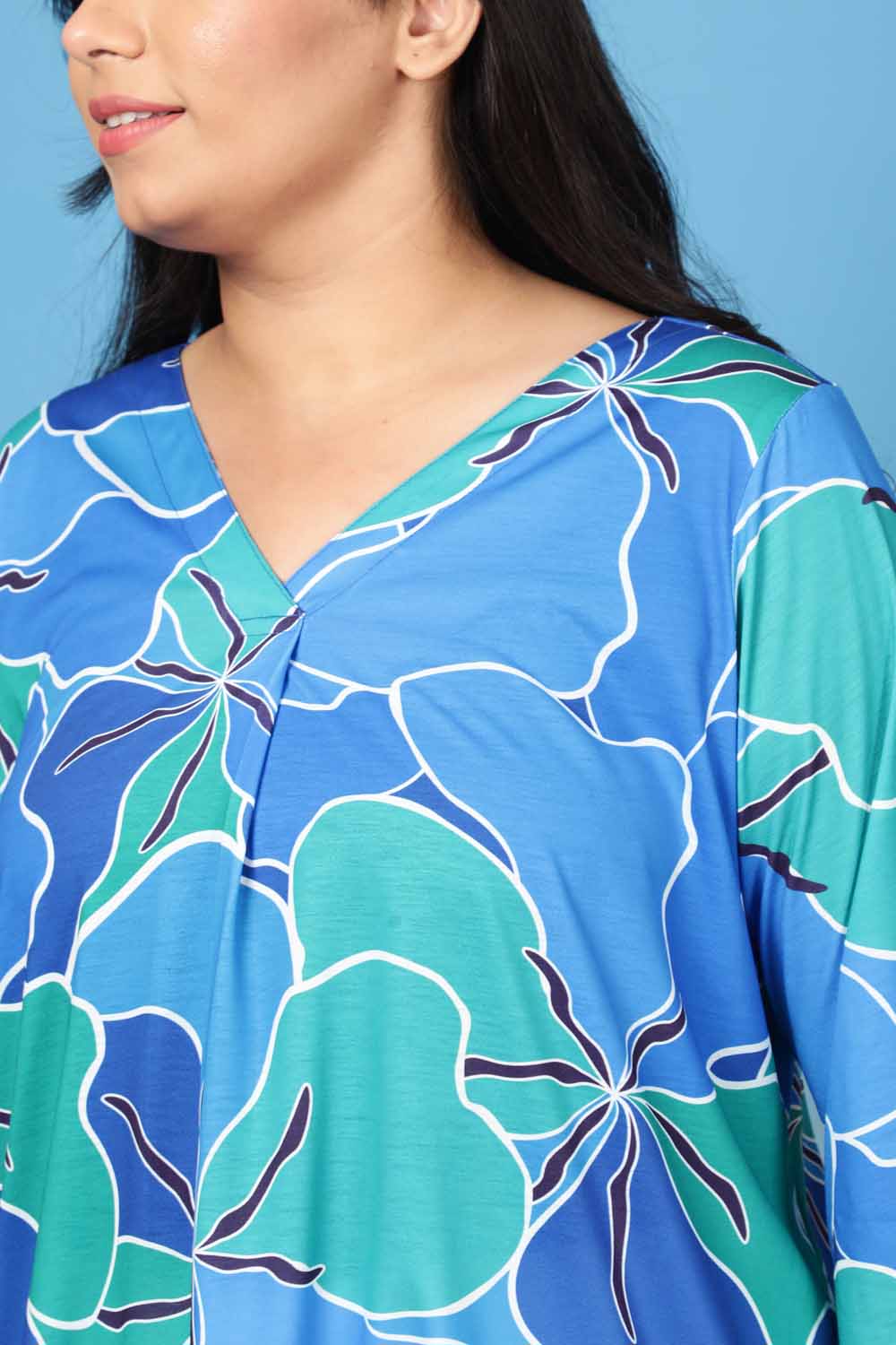 Plus Size Blue Green Abstract Center Pleat Top in Soft knitted fabric | Made to Order