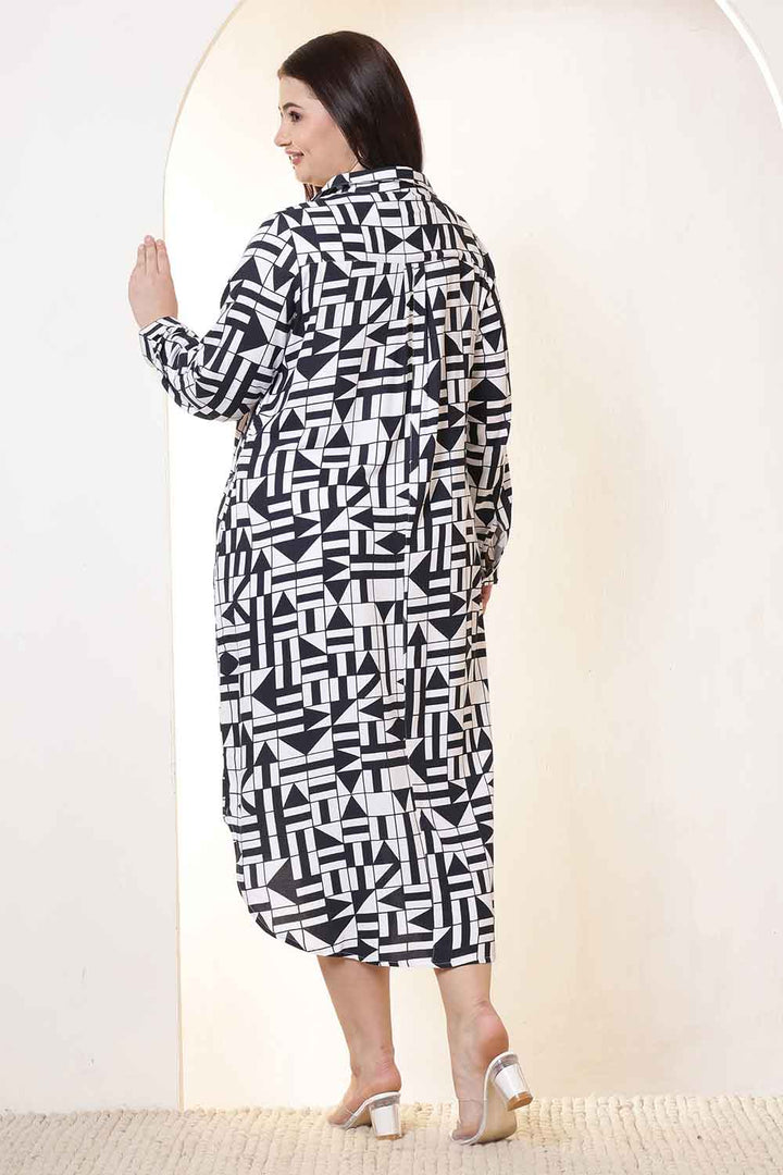 Plus Size Black & White Geometric Print Cotton Shirt Dress  | Made to Order
