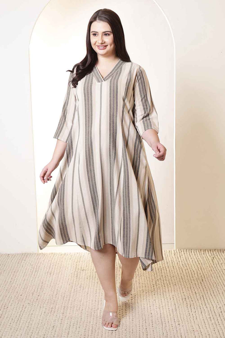Plus Size Beige & Gray Striped Cotton Midi Dress  | Made to Order