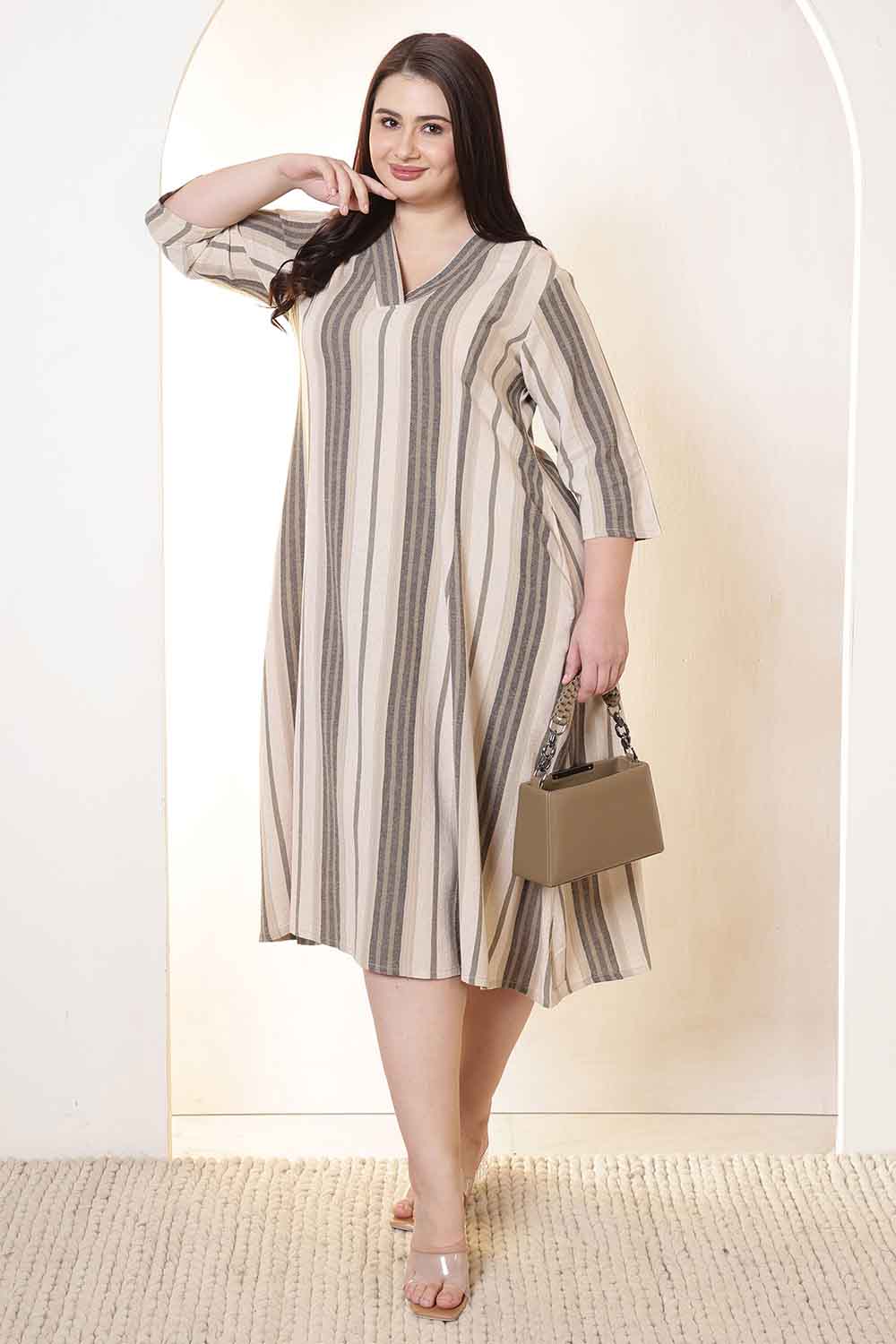 Plus Size Beige & Gray Striped Cotton Midi Dress  | Made to Order