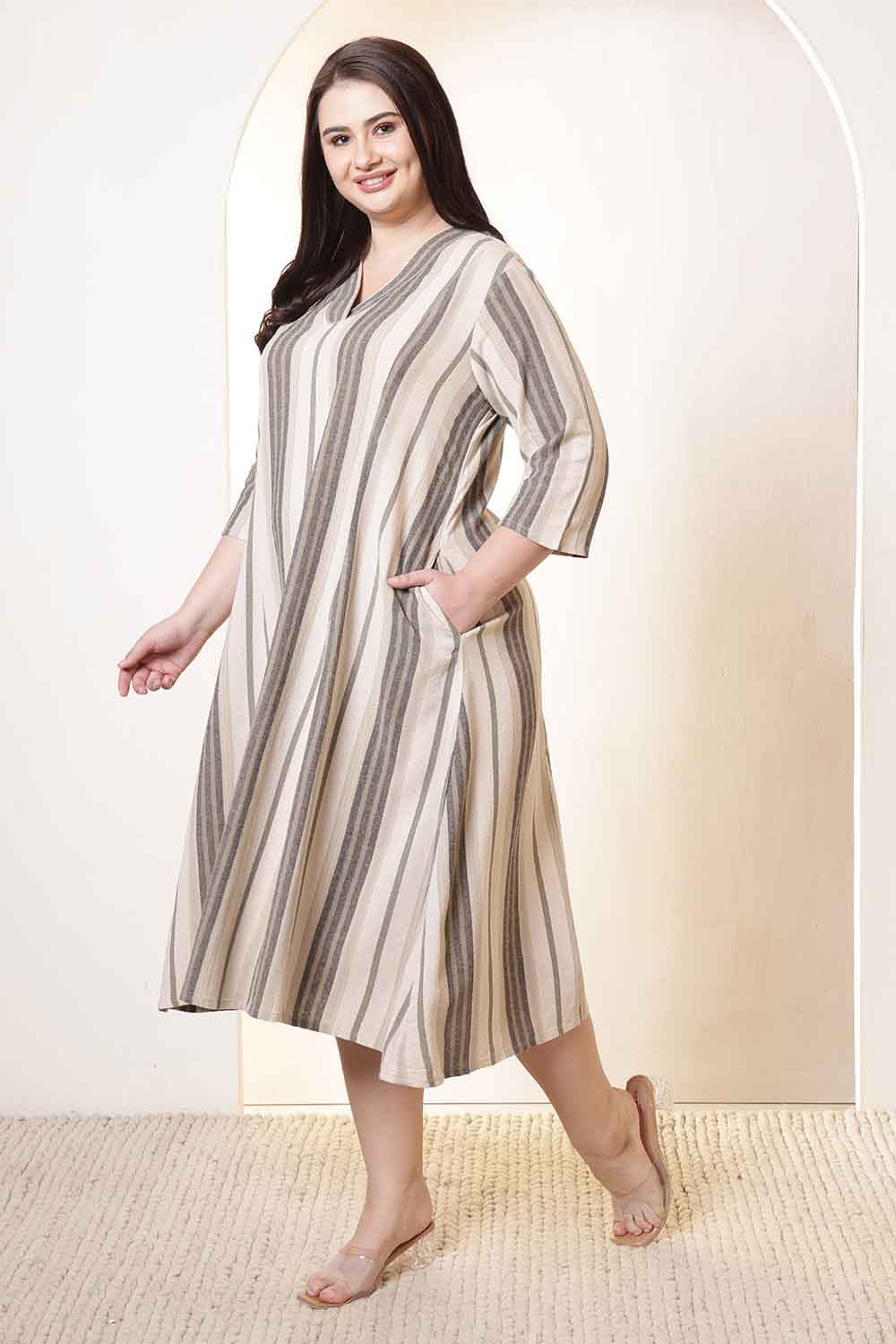 Plus Size Beige & Gray Striped Cotton Midi Dress  | Made to Order