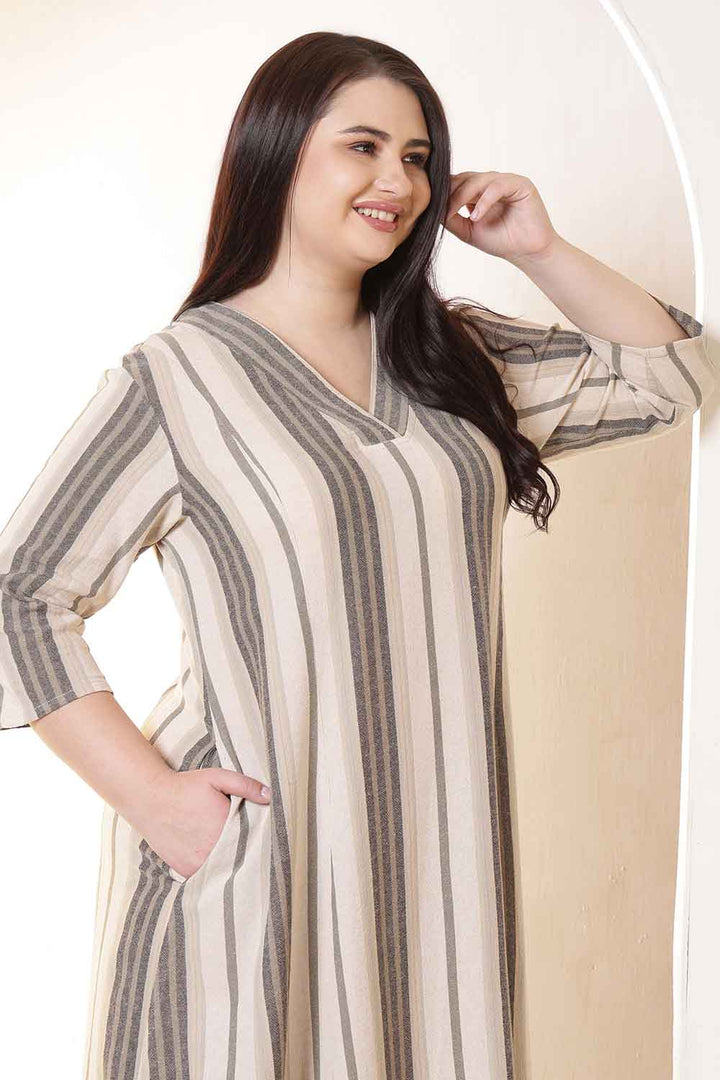 Plus Size Beige & Gray Striped Cotton Midi Dress  | Made to Order