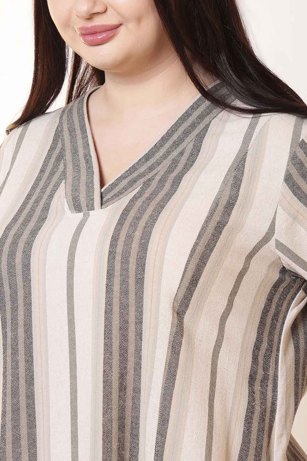 Plus Size Beige & Gray Striped Cotton Midi Dress  | Made to Order