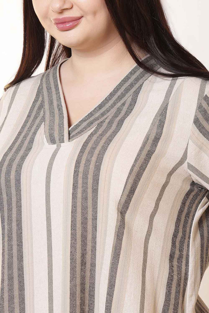 Plus Size Beige & Gray Striped Cotton Midi Dress  | Made to Order