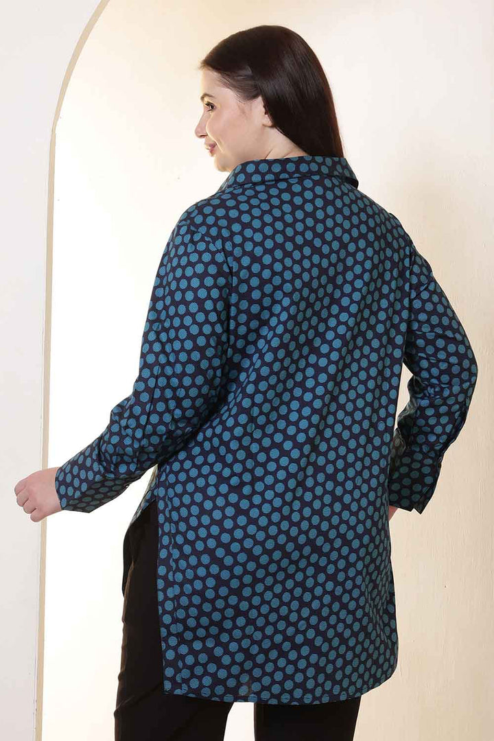 Plus Size Navy & Teal Polka Print High Slit Styled Cuff Cotton Shirt  | Made to Order