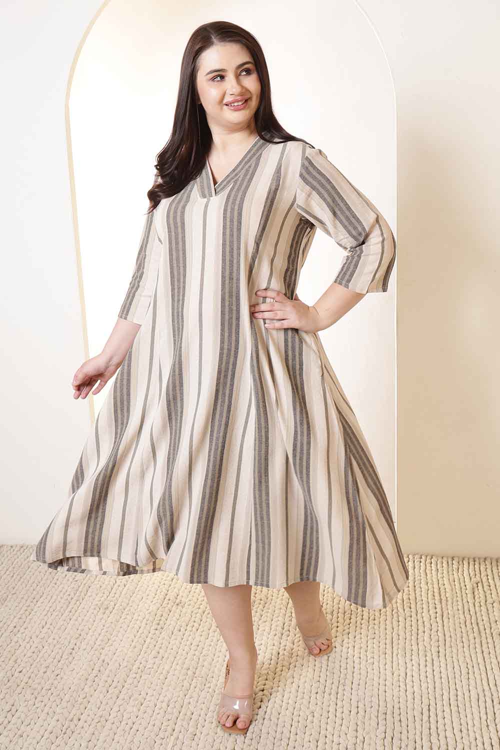Plus Size Beige & Gray Striped Cotton Midi Dress  | Made to Order