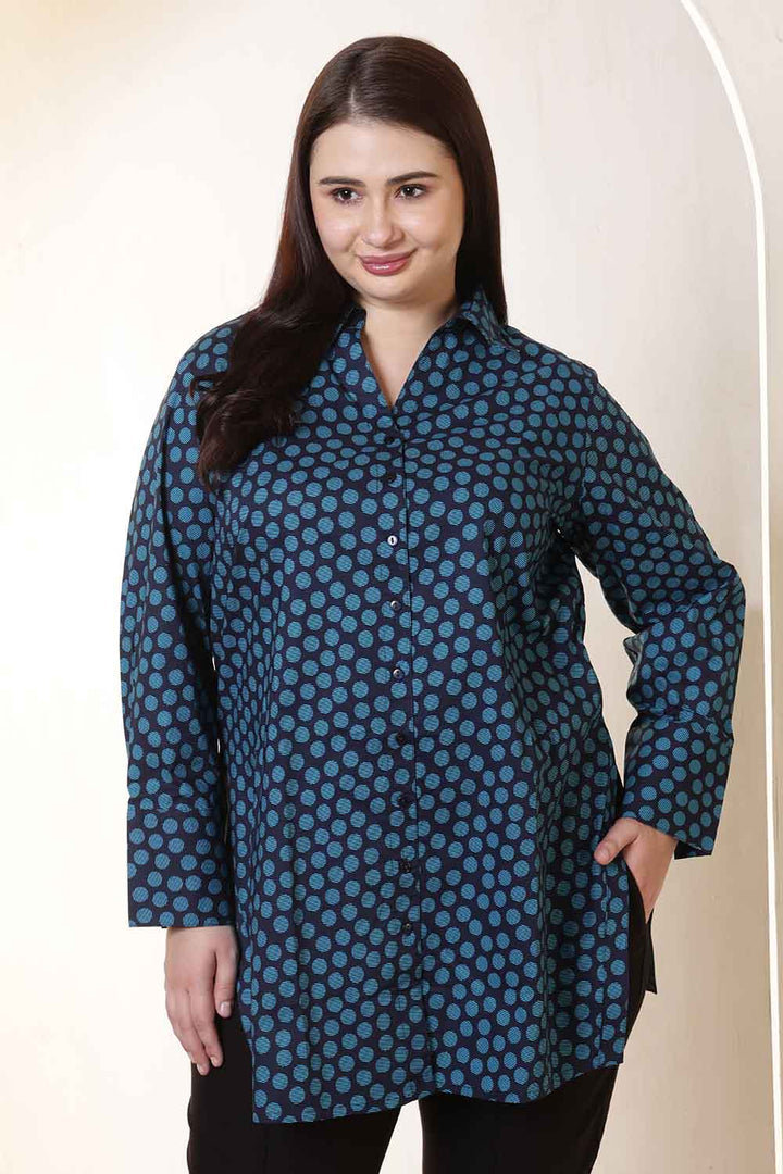 Plus Size Navy & Teal Polka Print High Slit Styled Cuff Cotton Shirt  | Made to Order