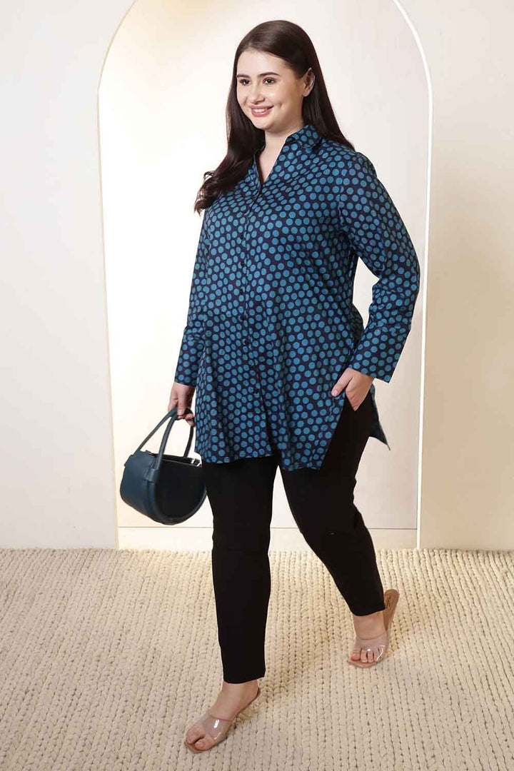 Plus Size Navy & Teal Polka Print High Slit Styled Cuff Cotton Shirt  | Made to Order