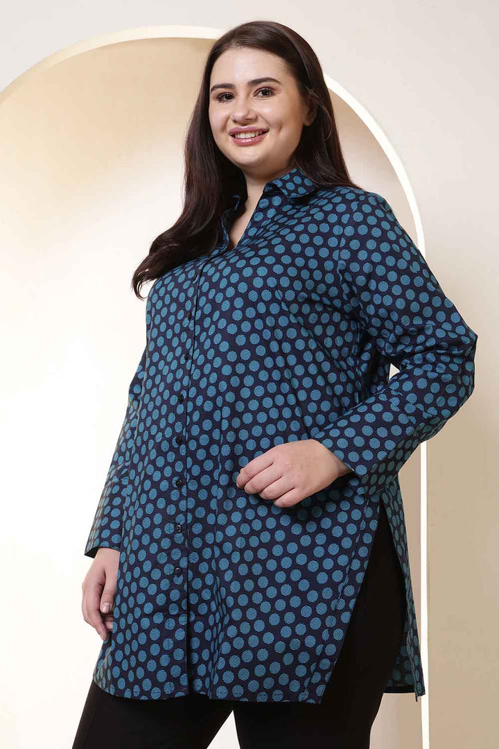 Plus Size Navy & Teal Polka Print High Slit Styled Cuff Cotton Shirt  | Made to Order