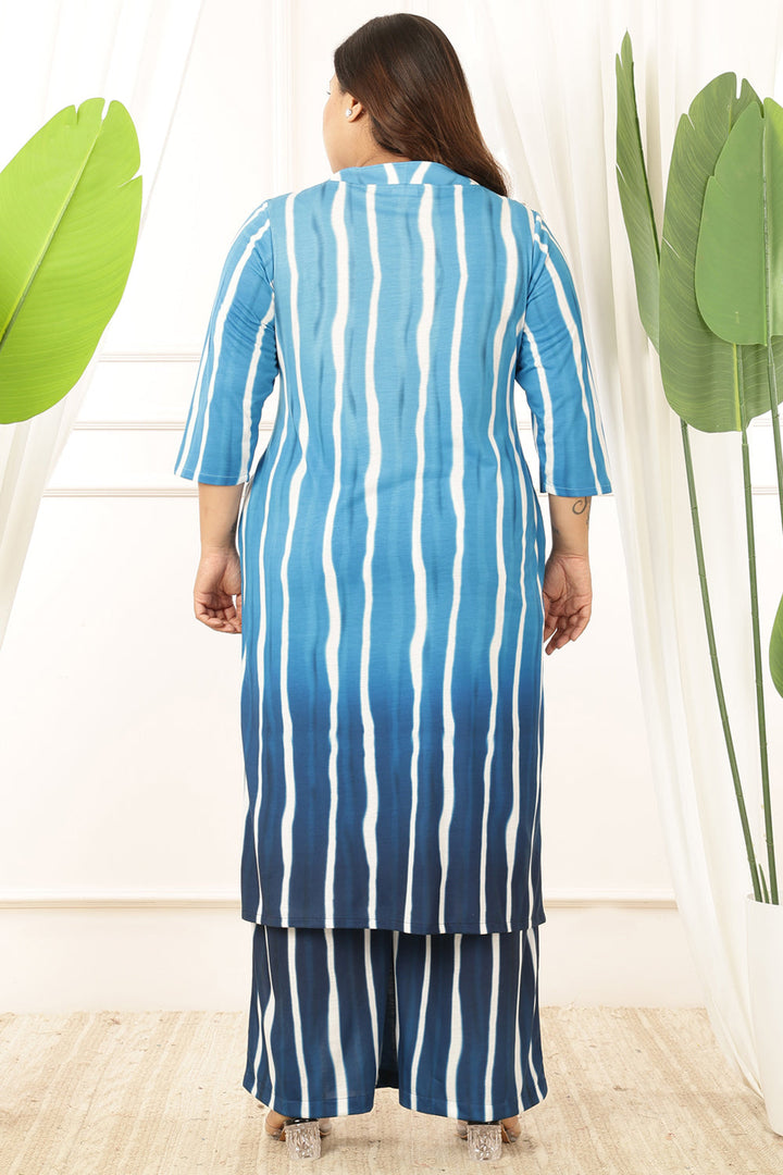Plus Size Blue Ombre Kurta Coord Set in Soft Knitted Fabric, For Women | Made to Order