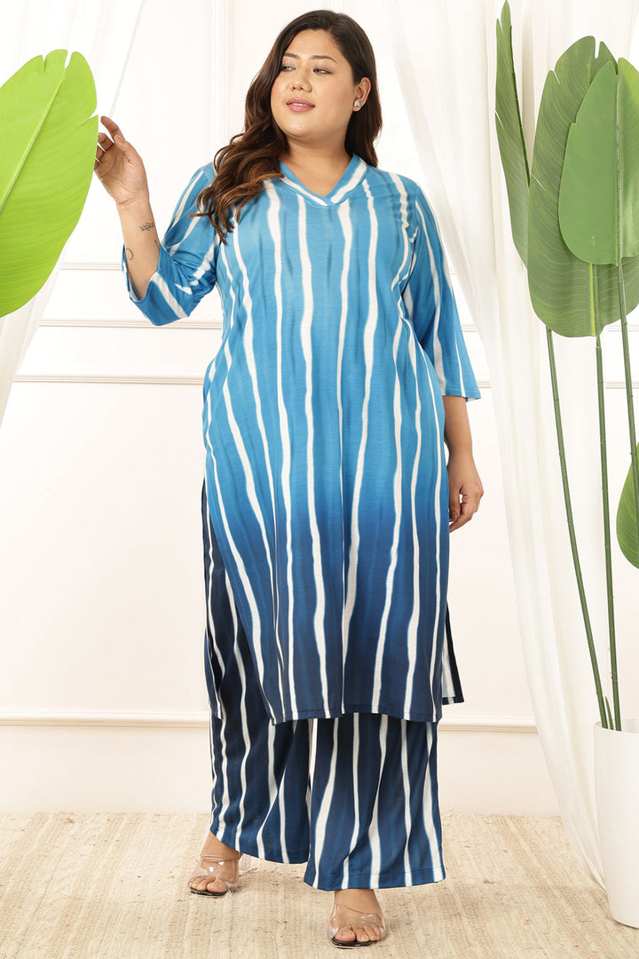Plus Size Blue Ombre Kurta Coord Set in Soft Knitted Fabric, For Women | Made to Order