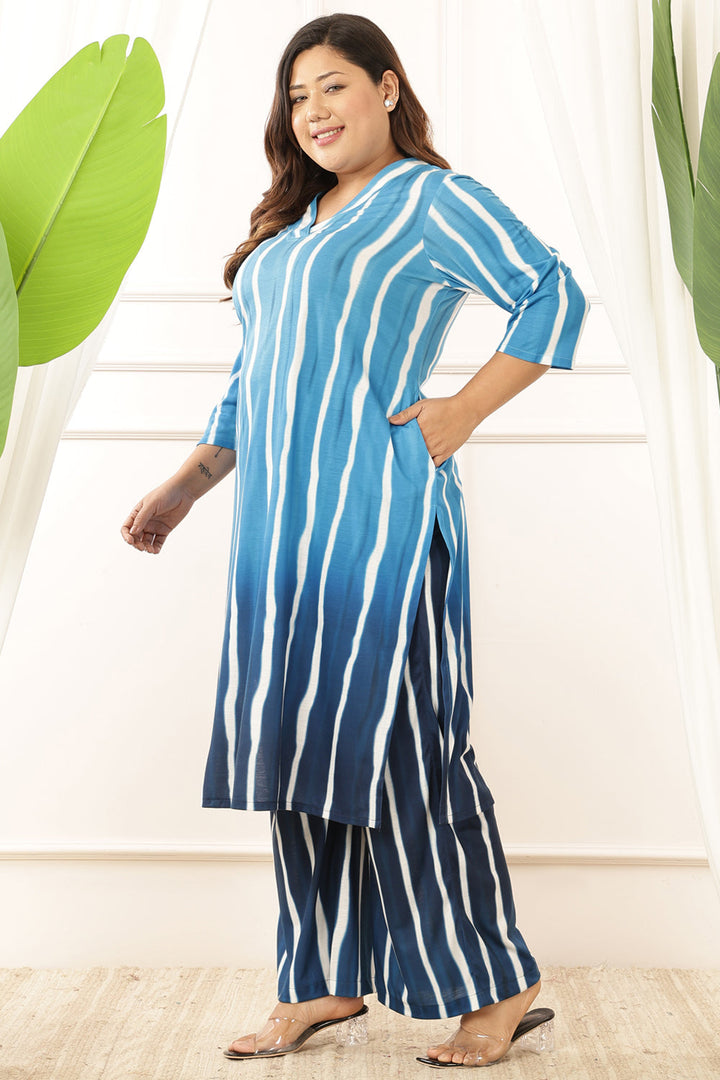 Plus Size Blue Ombre Kurta Coord Set in Soft Knitted Fabric, For Women | Made to Order
