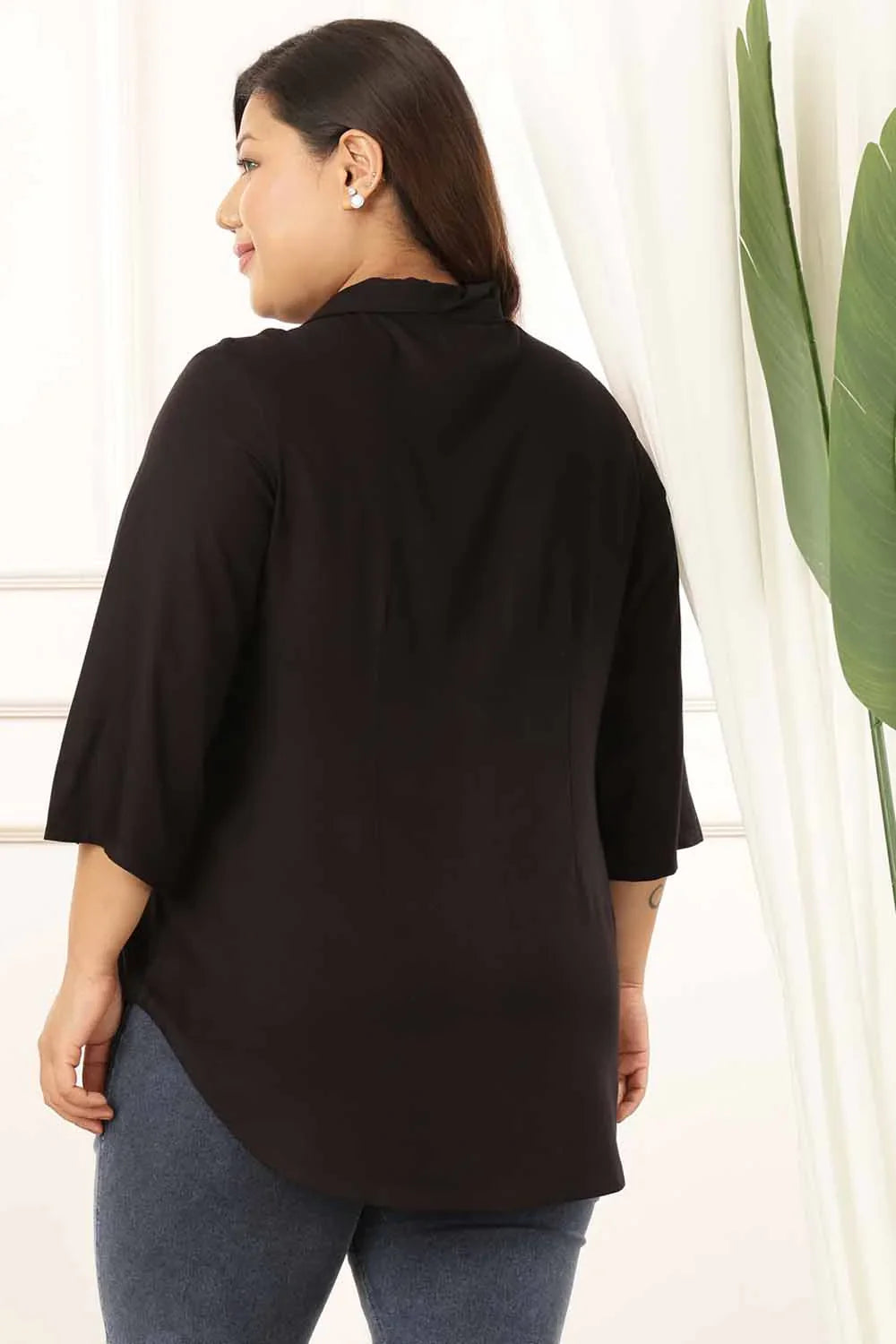 Plus Size Black Cuban Collar Rayon Twill Shirt  | Made to Order