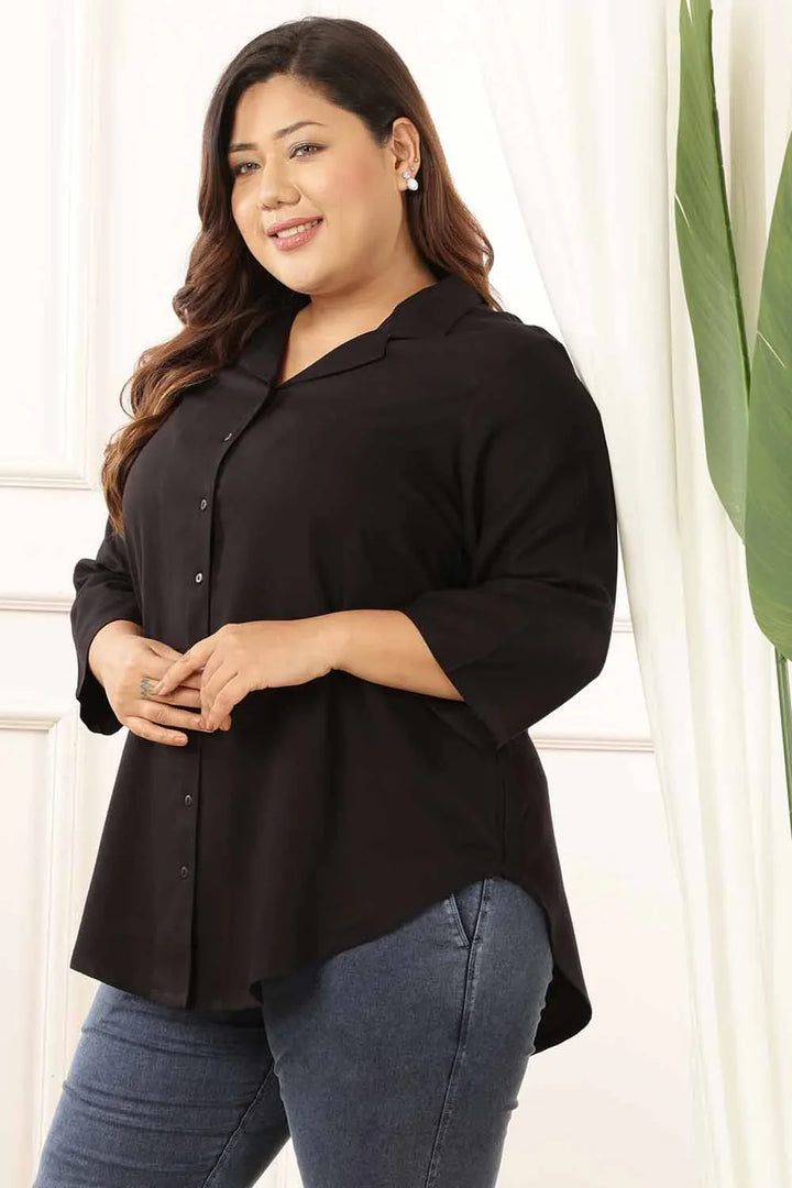Plus Size Black Cuban Collar Rayon Twill Shirt  | Made to Order