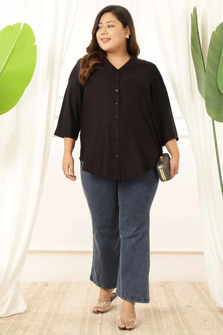 Plus Size Black Cuban Collar Rayon Twill Shirt  | Made to Order