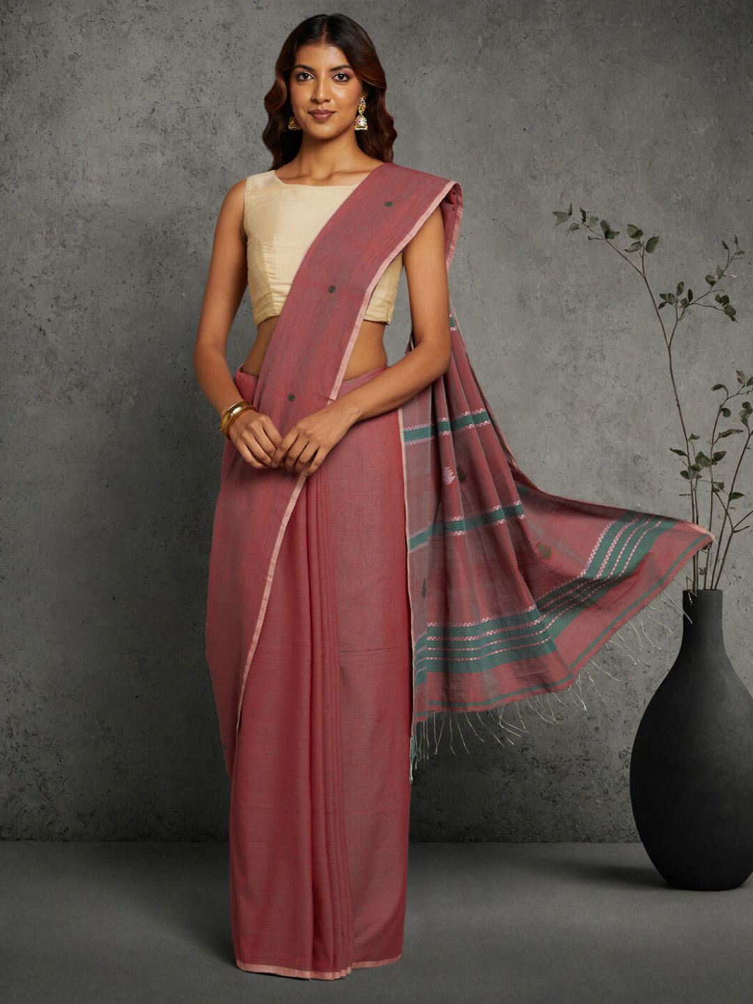 Pink Green Jamdani Cotton Saree | SHOBITAM