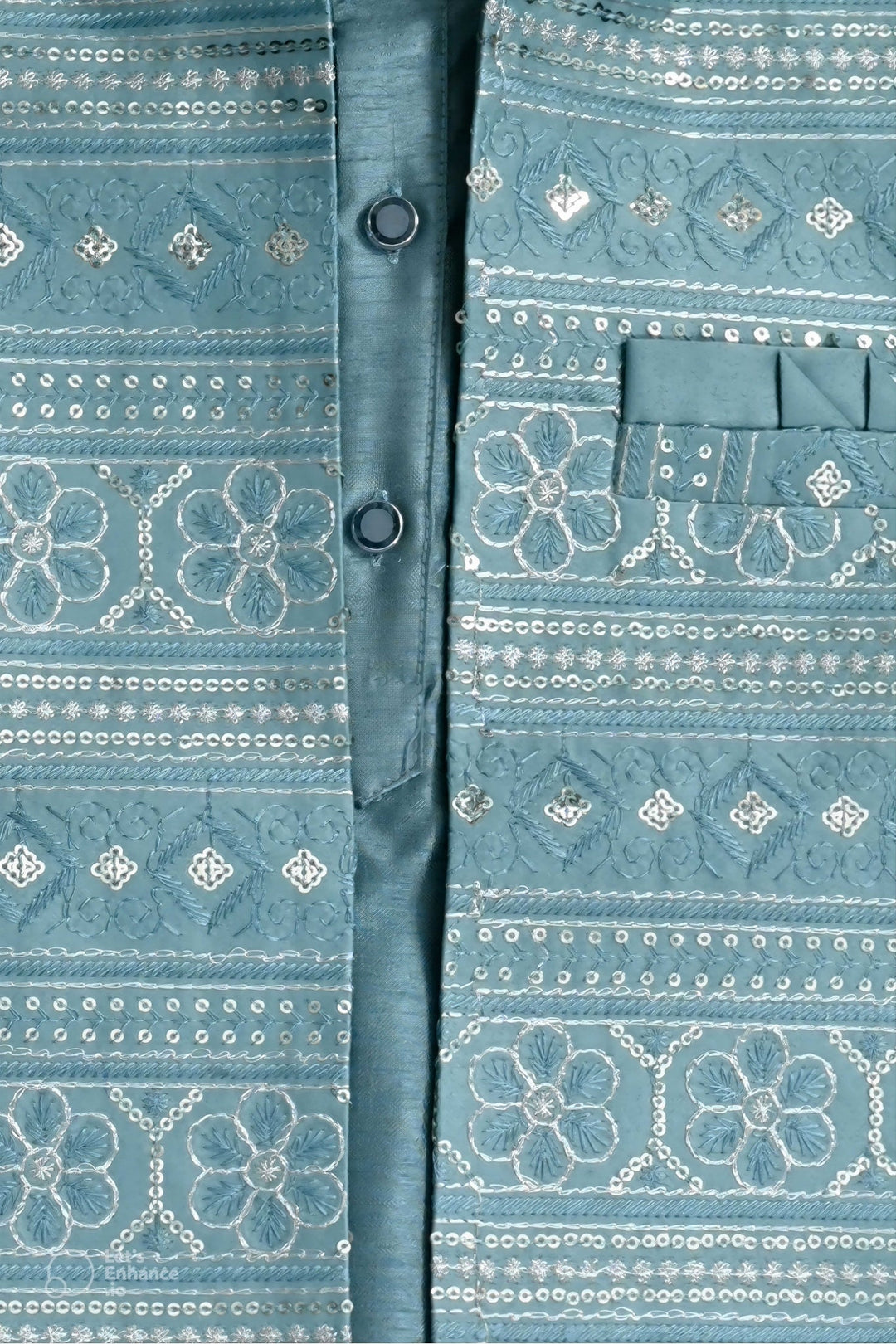 Boys Satin Kurta Trouser Set With Floral Embroidered Sequined Waistcoat & Necklace - Teal | SHOBITAM