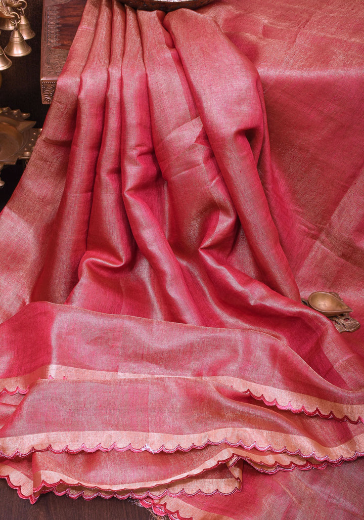 Reddish Pink tone Scalloped Tissue Linen Saree and golden border  | Shobitam Saree