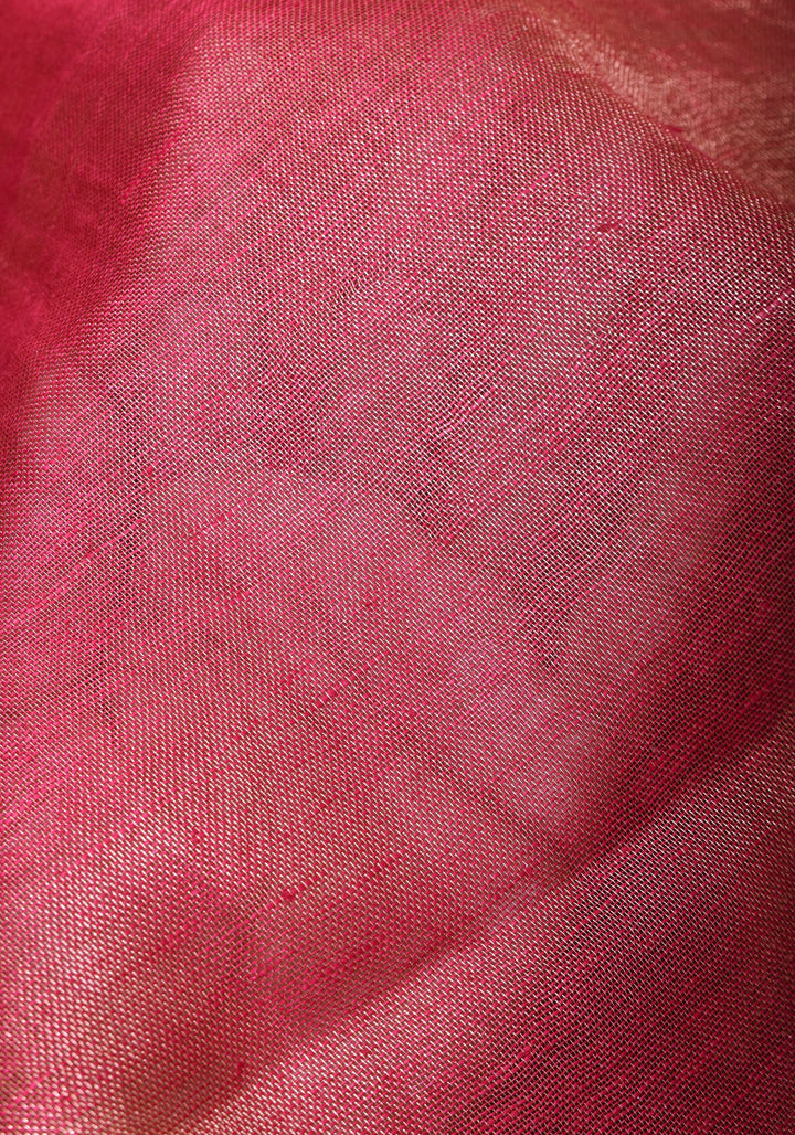 Reddish Pink tone Scalloped Tissue Linen Saree and golden border  | Shobitam Saree