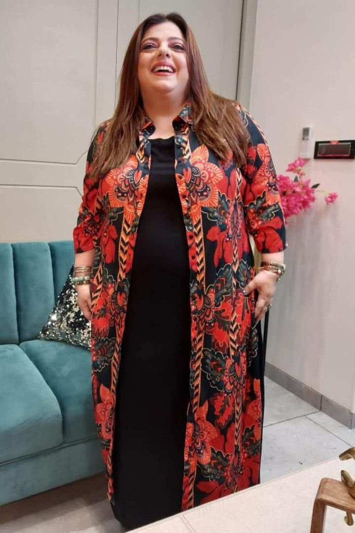 Plus Size Black Tropical Print Kurta & Shrug Covertible  in Blended knit fabric | Made to Order