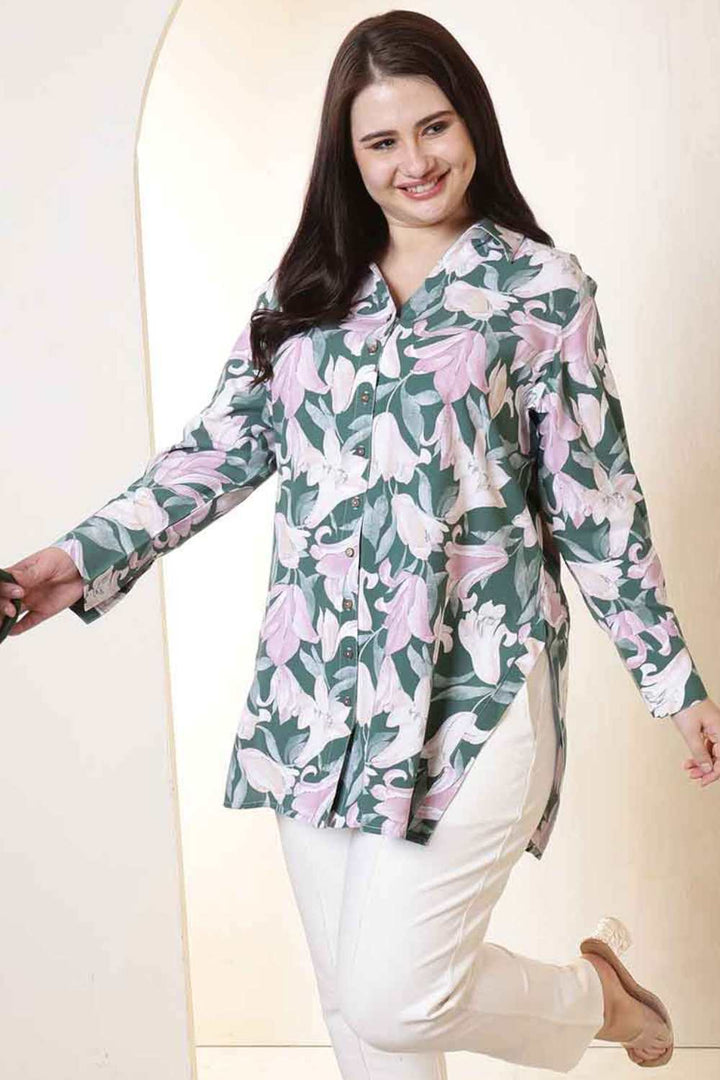 Plus Size Green & Pink Flower Print High Slit Styled Cuff Rayon Shirt  | Made to Order