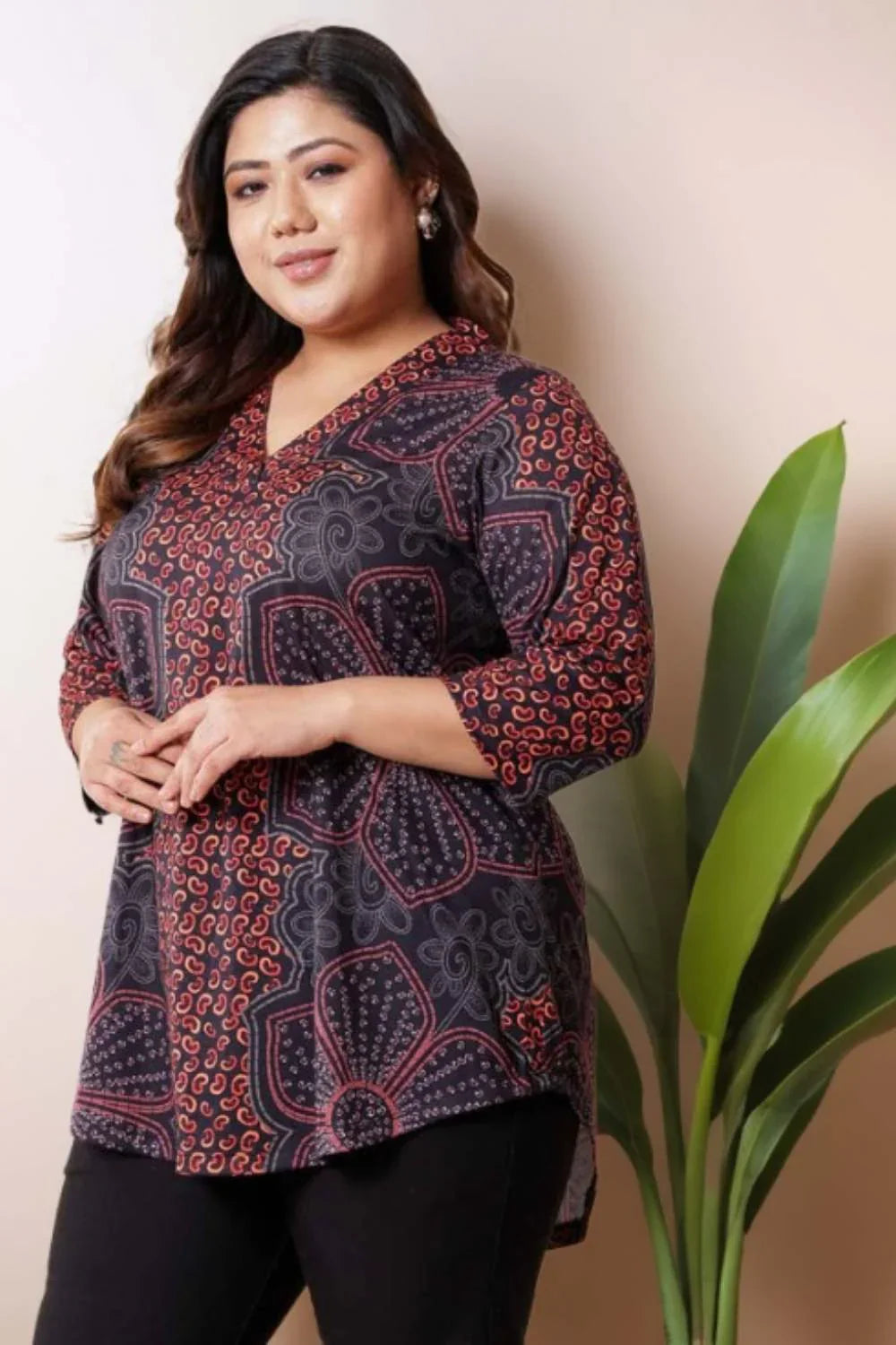 Plus Size High Low  Maroon Floral Top in Soft knitted fabric | Made to Order