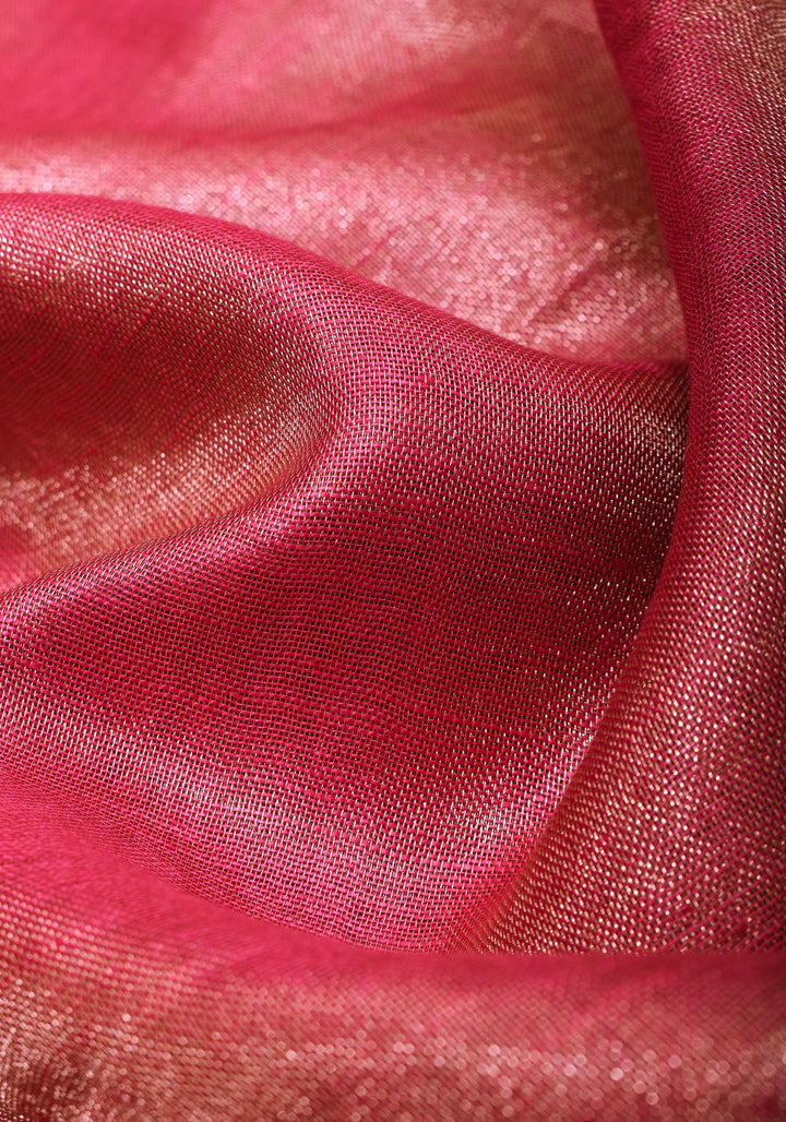 Reddish Pink tone Scalloped Tissue Linen Saree and golden border  | Shobitam Saree