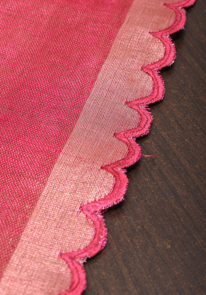 Reddish Pink tone Scalloped Tissue Linen Saree and golden border  | Shobitam Saree