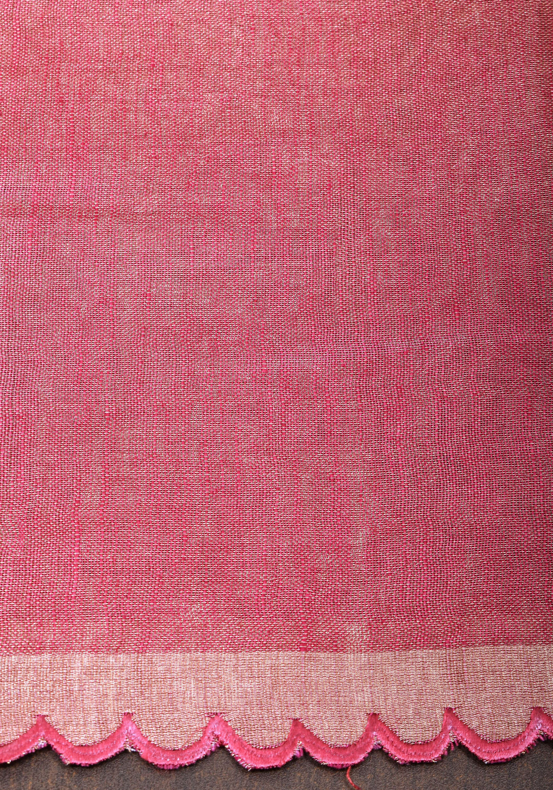 Reddish Pink tone Scalloped Tissue Linen Saree and golden border  | Shobitam Saree