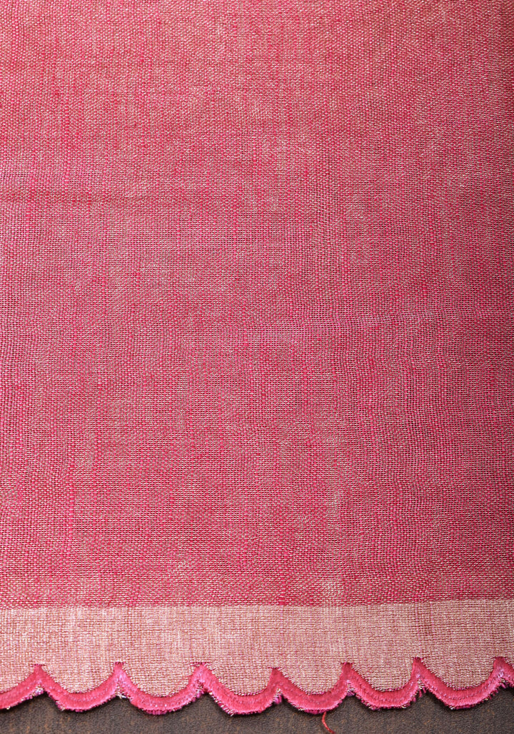 Reddish Pink tone Scalloped Tissue Linen Saree and golden border  | Shobitam Saree
