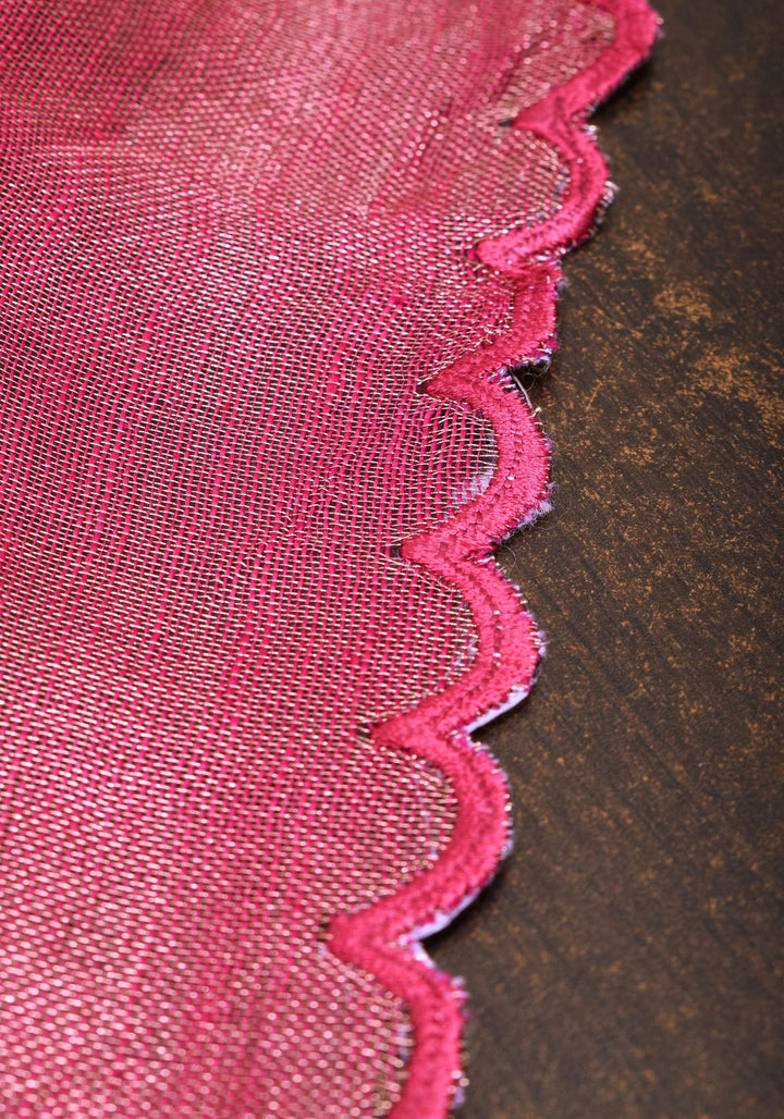 Reddish Pink tone Scalloped Tissue Linen Saree and golden border  | Shobitam Saree