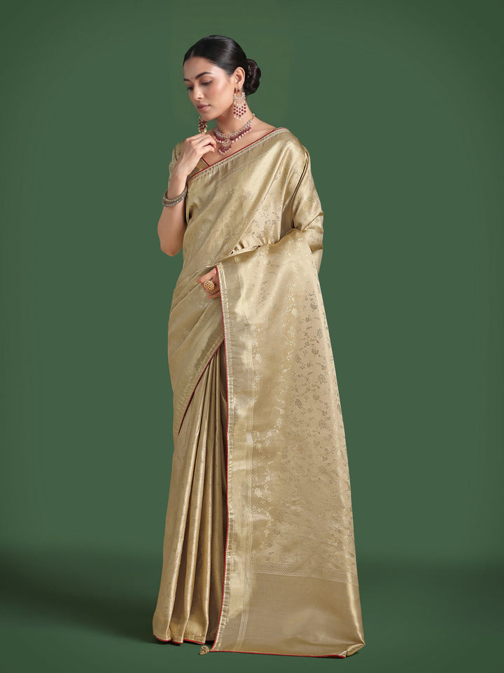 Golden Kanjivaram Satin Silk Woven Saree | SHOBITAM
