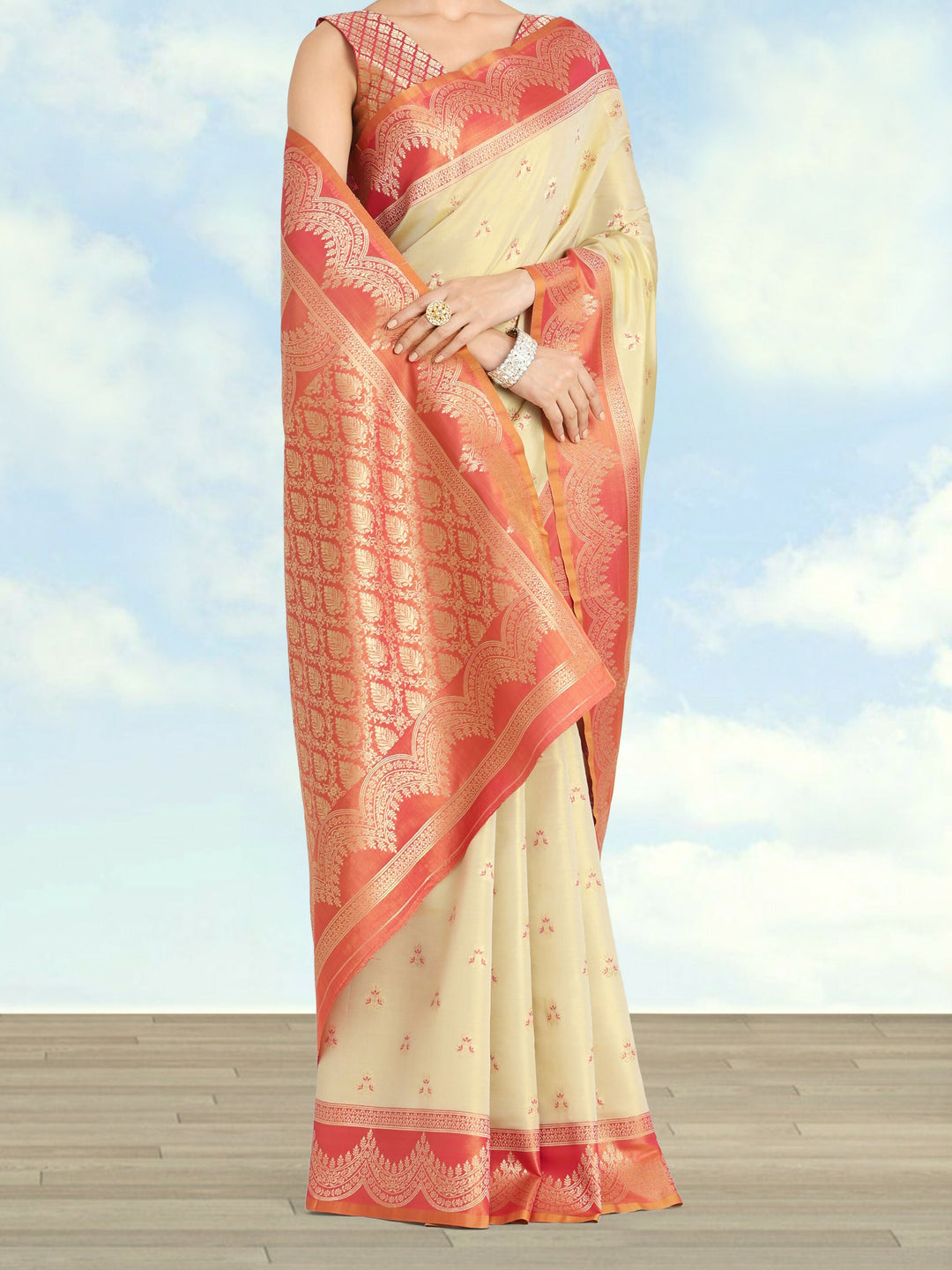 Cream Color Weaving Semi Banarasi Tissue Silk Saree | SHOBITAM