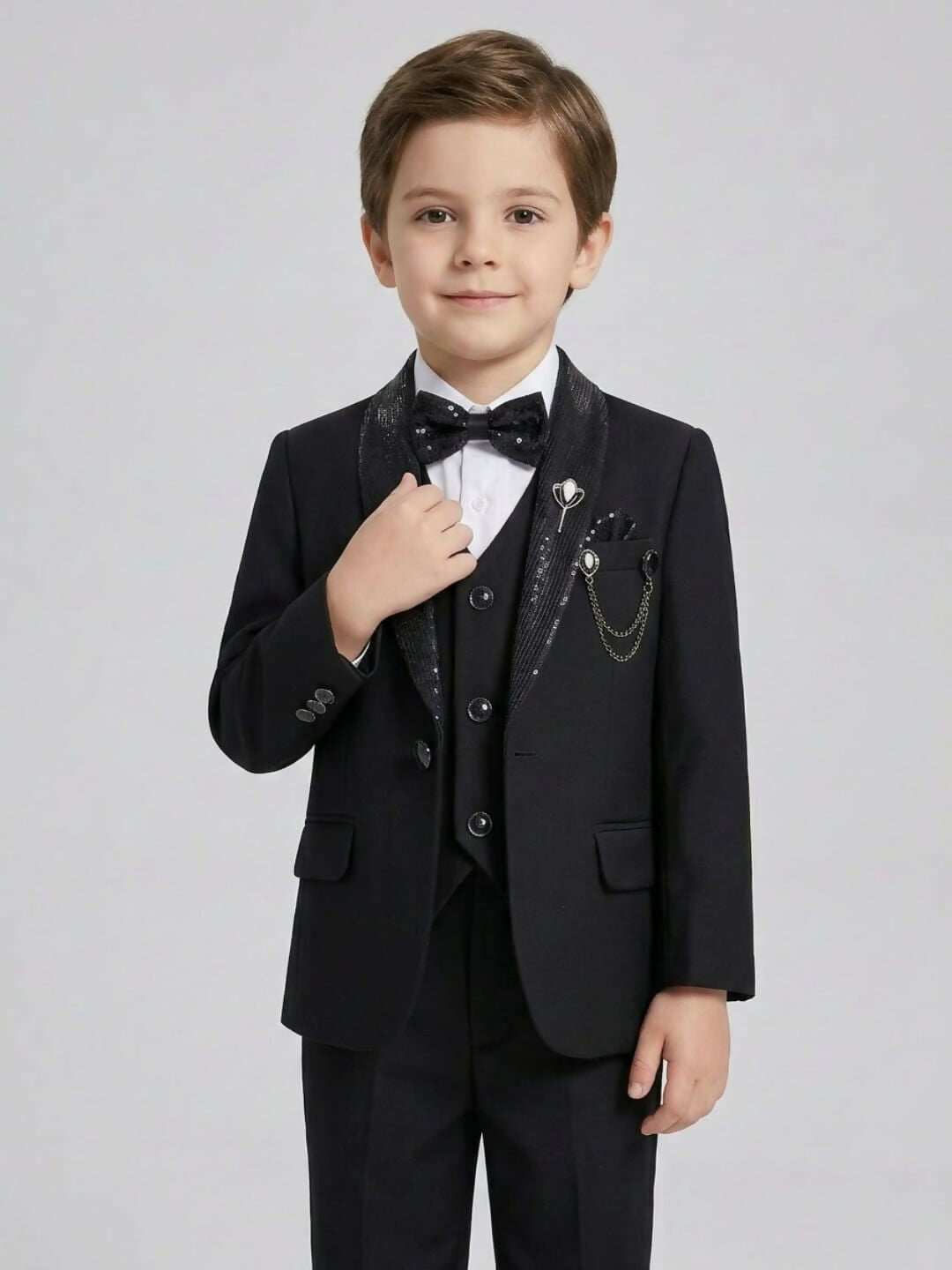 Boys Formal Black Suit Set with Blazer, Waistcoat, Dress Shirt, Trousers & Bow Tie | SHOBITAM