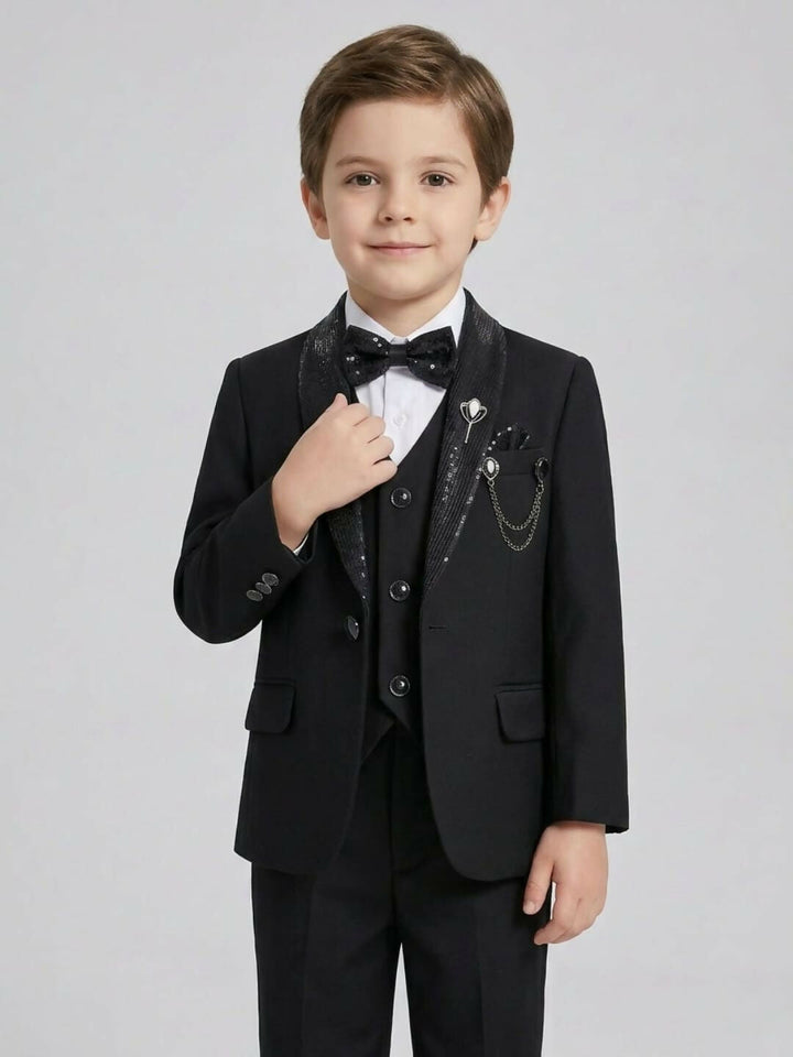 Boys Formal Black Suit Set with Blazer, Waistcoat, Dress Shirt, Trousers & Bow Tie | SHOBITAM