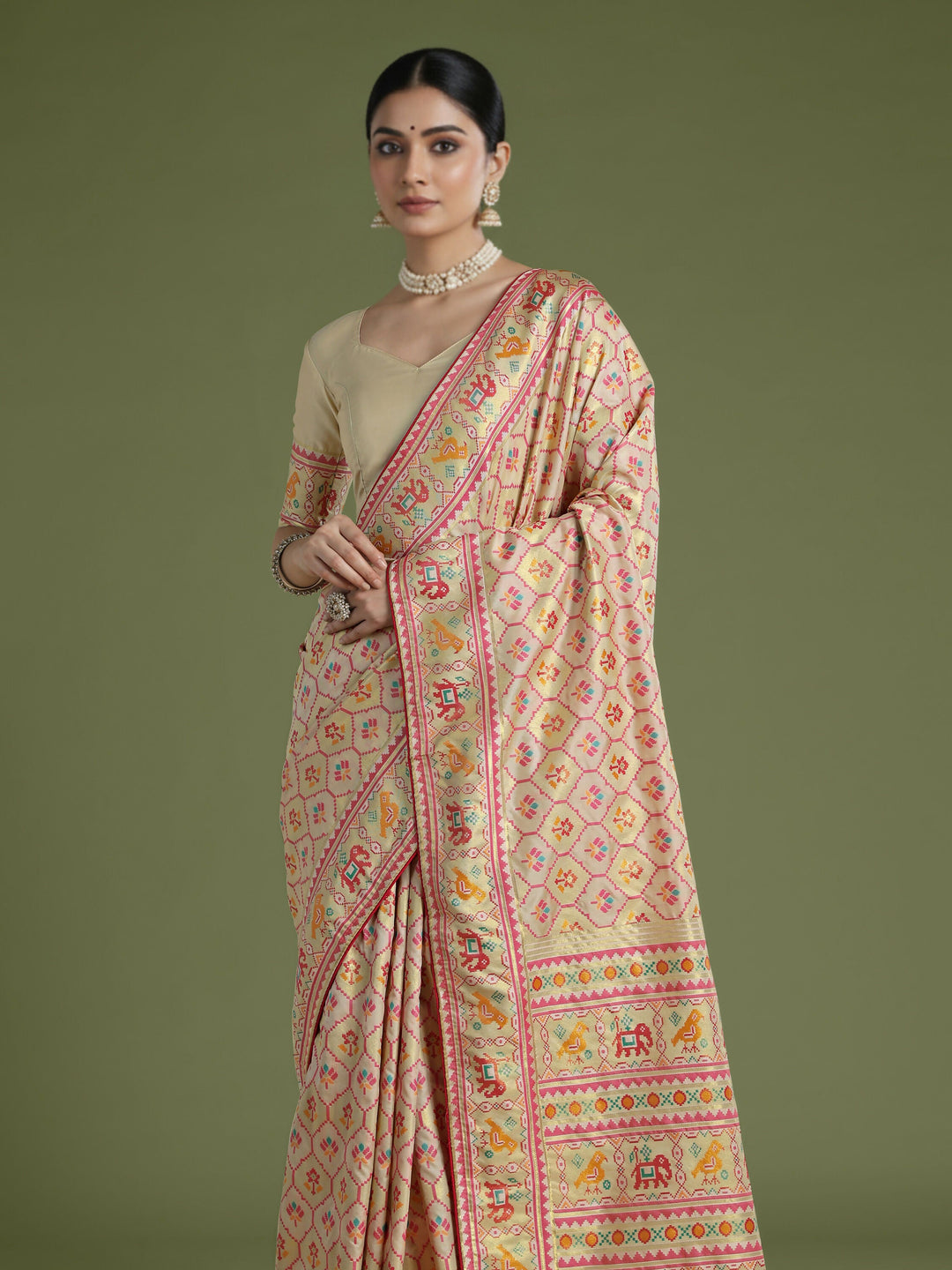 Cream Semi Banarasi Satin Silk Saree With Patola Work | SHOBITAM
