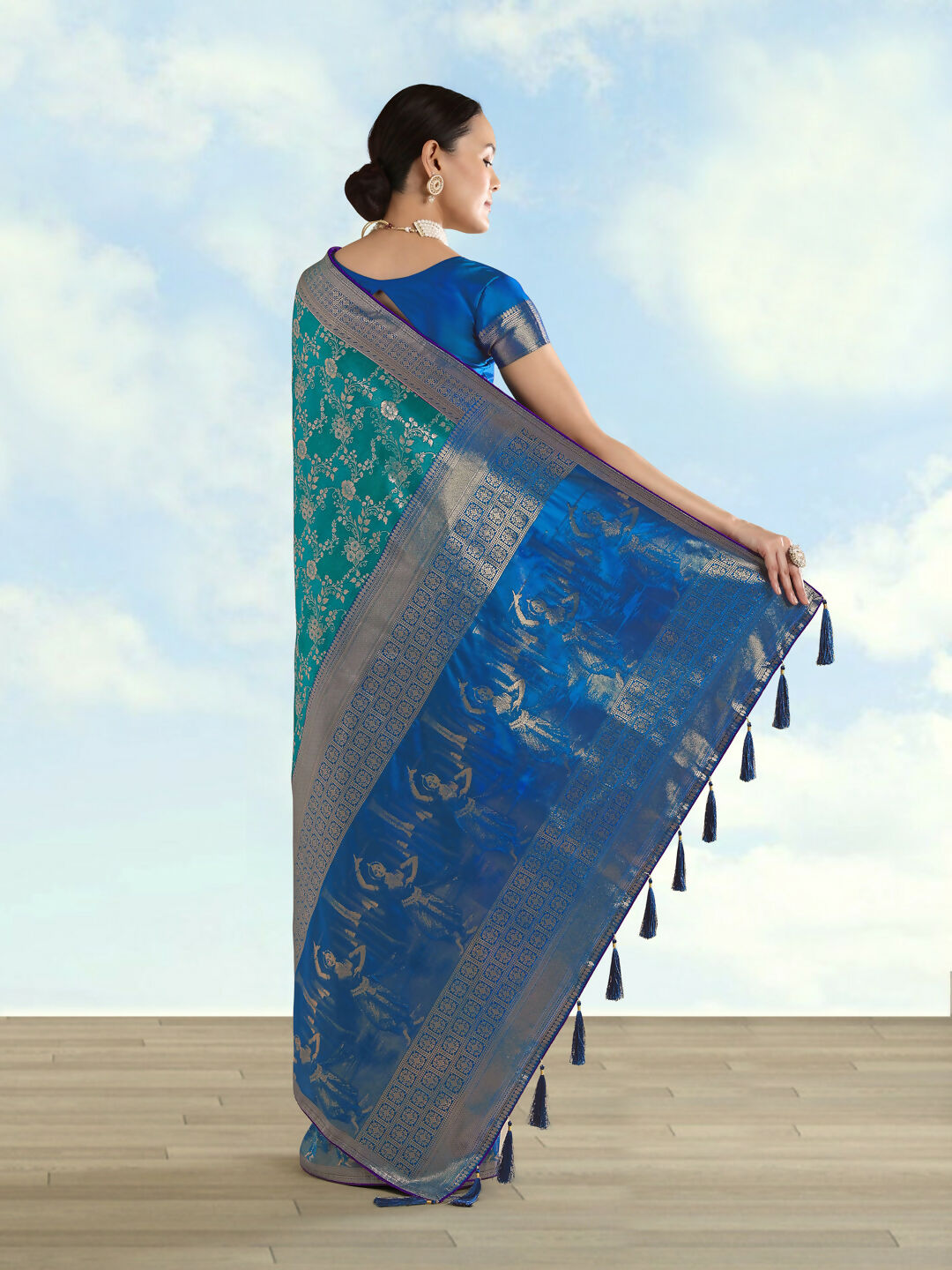 Turquoise Banarasi Semi Silk Saree With Zari Woven Design  | SHOBITAM