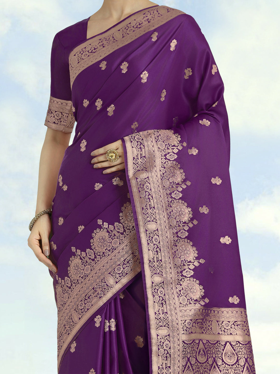 Purple With Gold Bordar Banarasi Satin Saree | SHOBITAM