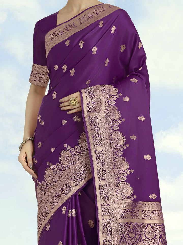 Purple With Gold Bordar Banarasi Satin Saree | SHOBITAM