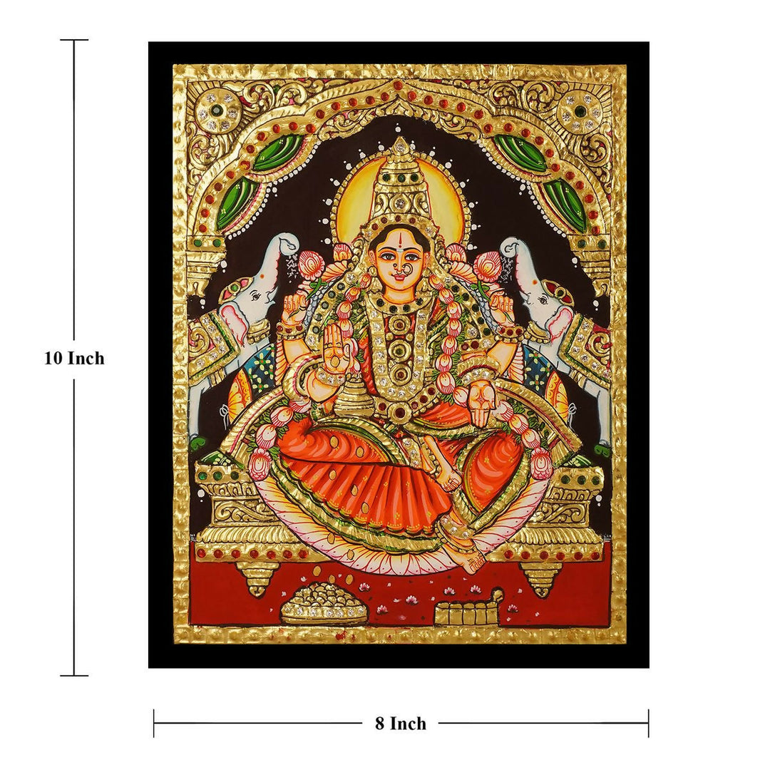 10x8" Gajalakshmi Tanjore Painting, Authentic With 22 Ct gold Foil and Jaipur Gemstones ,Unframed | SHOBITAM