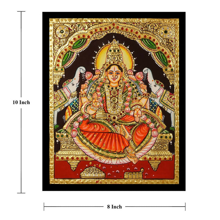 10x8" Gajalakshmi Tanjore Painting, Authentic With 22 Ct gold Foil and Jaipur Gemstones ,Unframed | SHOBITAM