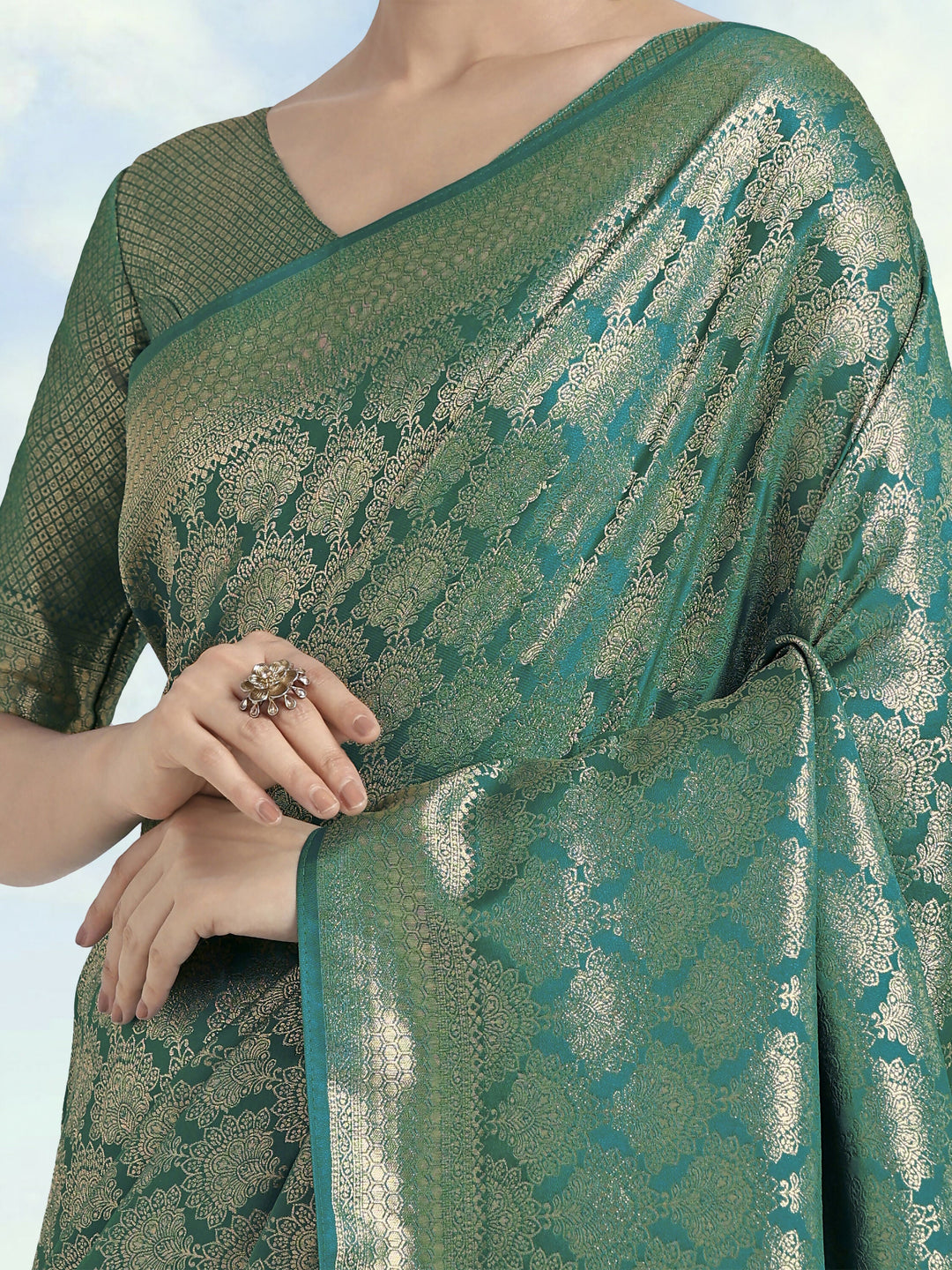 Turquoise Banarasi Satin Silk Zari Weaving Work Saree | SHOBITAM