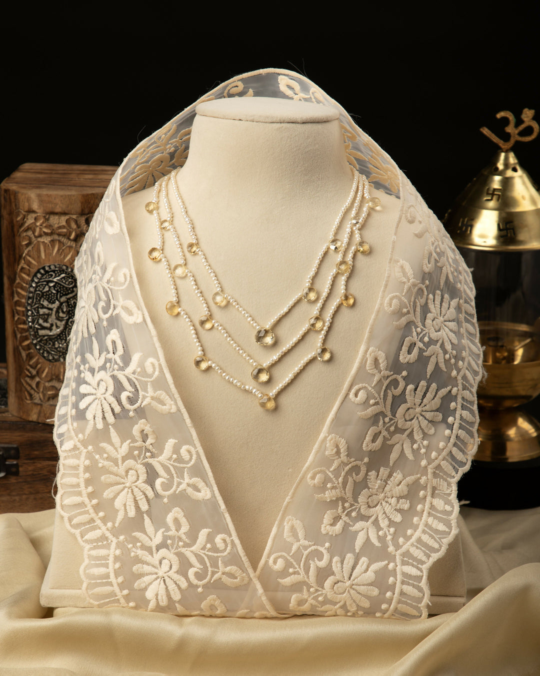 Kanak Lehar – Citrine & Pearl 3 Layer Mala | SHOBITAM
