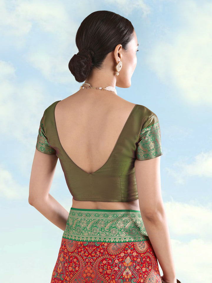 Red Banarasi Semi Silk Saree With Traditional Paisley Weaves | SHOBITAM